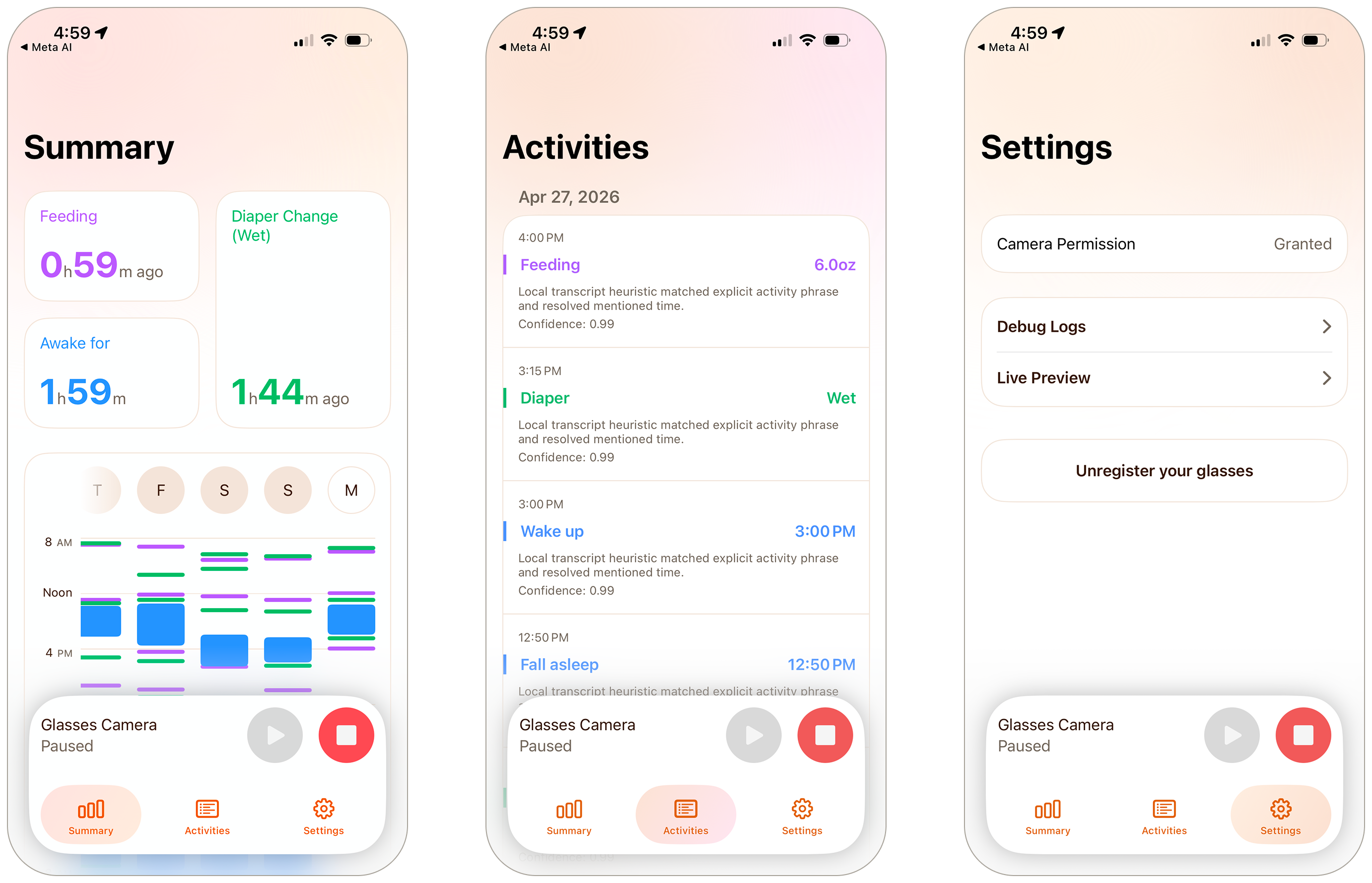 Three BabyCare mobile app screens showing summary, activity timeline, and settings.